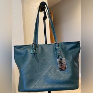Longchamp Teal Blue Green Embossed Leather Tote Shoulder Bag w/ Adjustable Strap